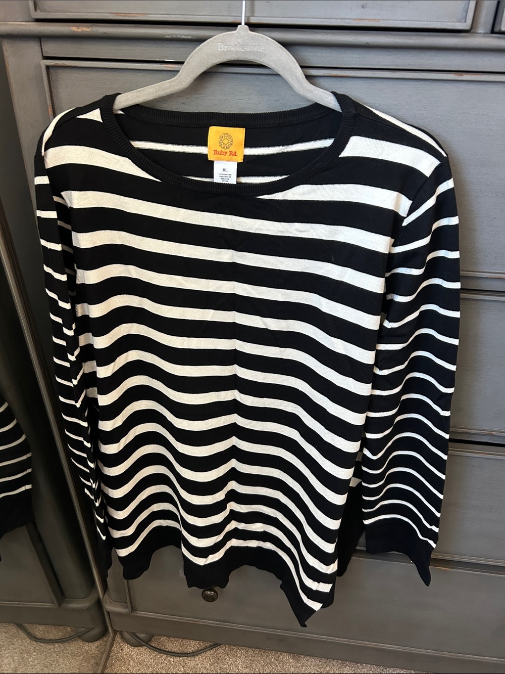 Ruby Rd. Black and White Striped Crewneck Long Sleeve Top